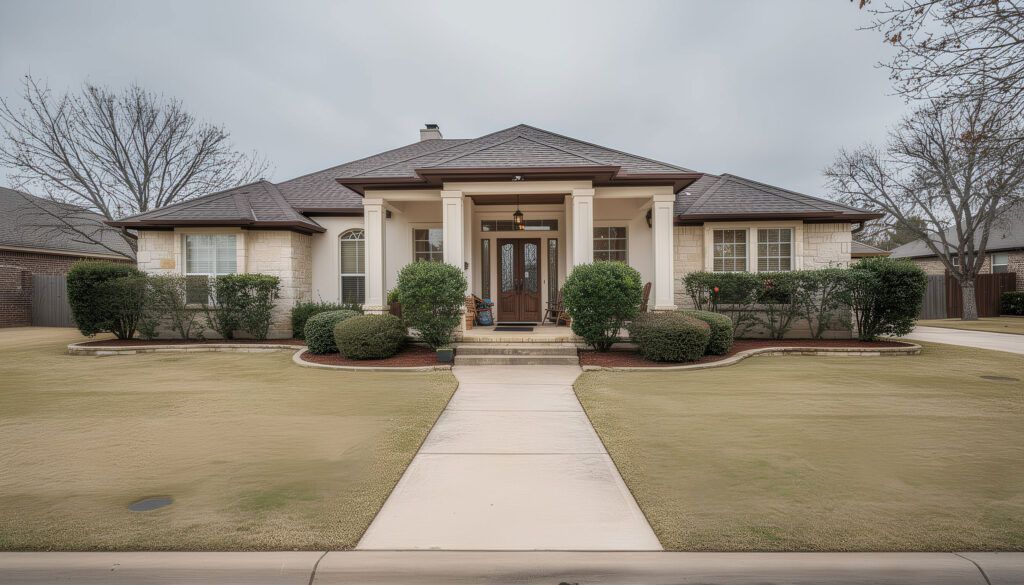 San Antonio front yard after seasonal cleanup with fresh mulch, trimmed beds, drought-tolerant landscape design