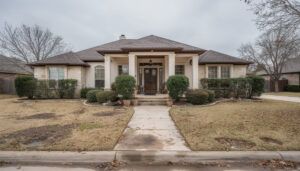Before front yard seasonal cleanup in San Antonio, overgrown beds and debris, landscape design prep