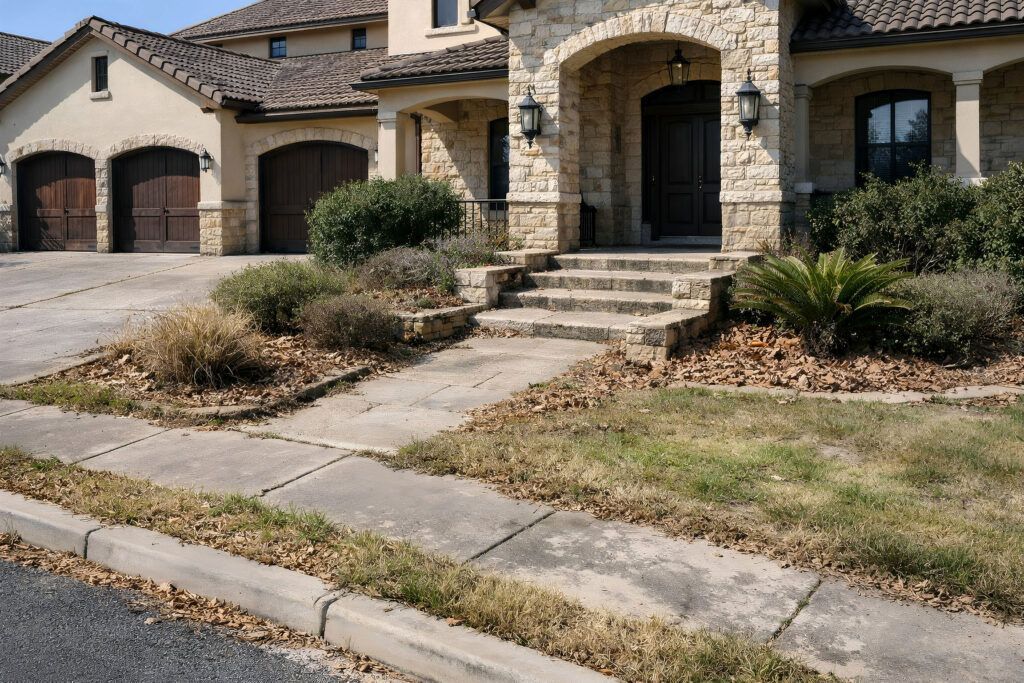 Helotes front yard before refresh, patchy lawn and empty beds ready for drought-tolerant xeriscape landscaping