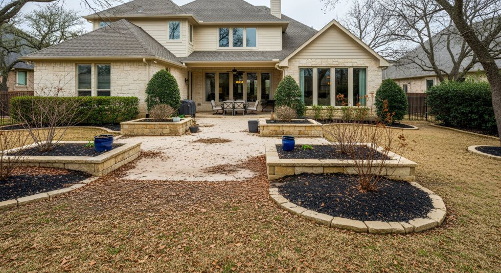 Helotes luxury backyard cleanup before, landscaping prep for landscape design and drought-tolerant xeriscape updates