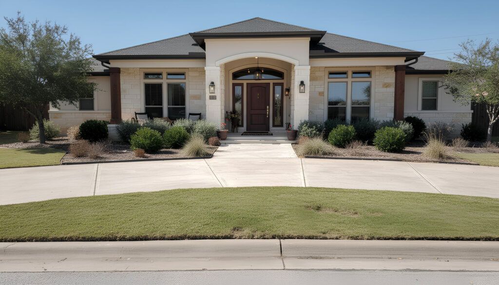 Luxury front yard cleanup in Leon Valley with refreshed landscape design and drought-tolerant xeriscape beds