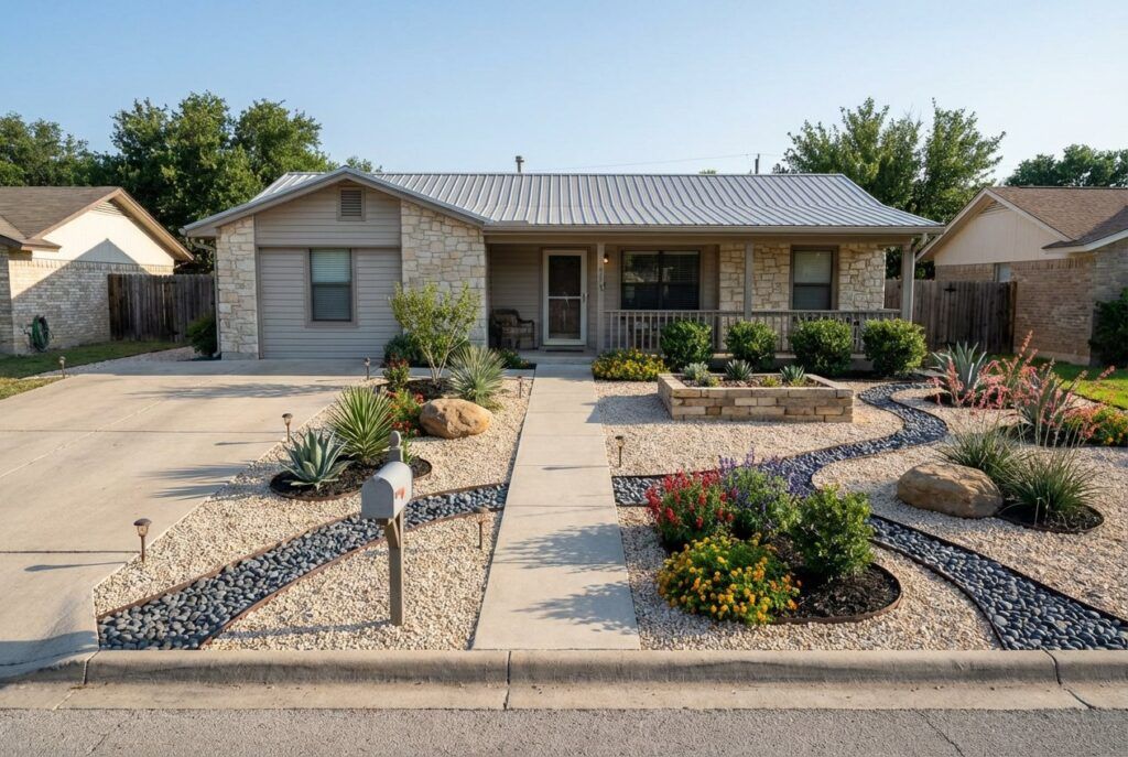 After photo of low-maintenance front yard landscaping with drought-tolerant xeriscape plants and stone edging