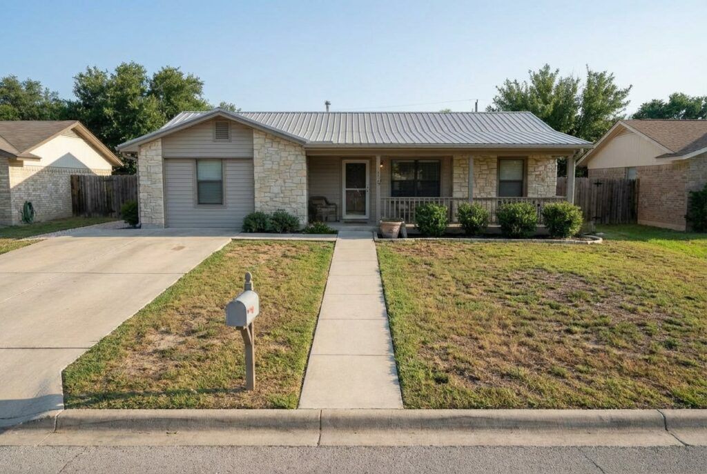 Before photo of low-maintenance front yard landscaping with sparse lawn, ready for xeriscape landscape design