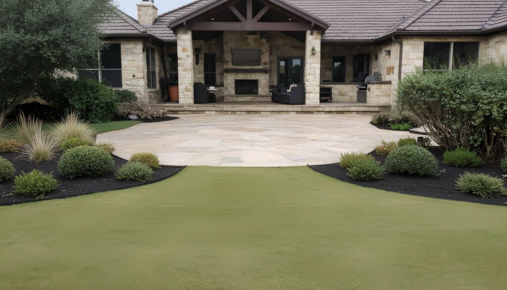 Luxury backyard reset landscape design with drought-tolerant xeriscaping in Fair Oaks Ranch