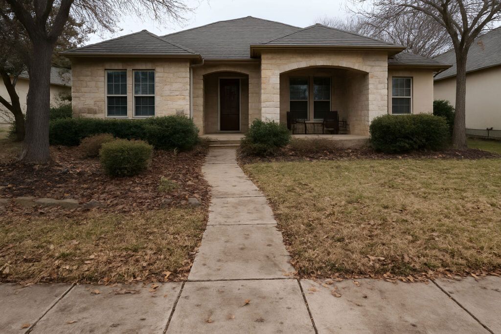 Before luxury home front yard reset in San Antonio, patchy lawn and beds before drought-tolerant landscape design
