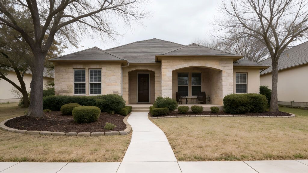 Luxury home front yard reset before and after in San Antonio with drought-tolerant landscape design and xeriscaping