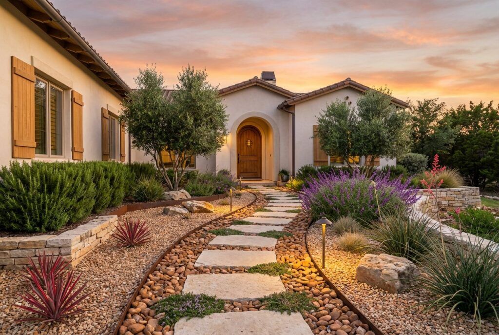 Mediterranean-style xeriscape landscape design with drought-tolerant plants and gravel beds after renovation