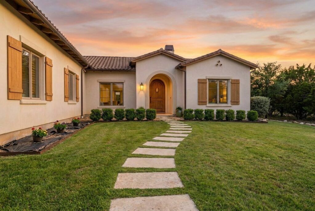 Before photo of Mediterranean-style xeriscape landscape design with drought-tolerant plants and gravel landscaping