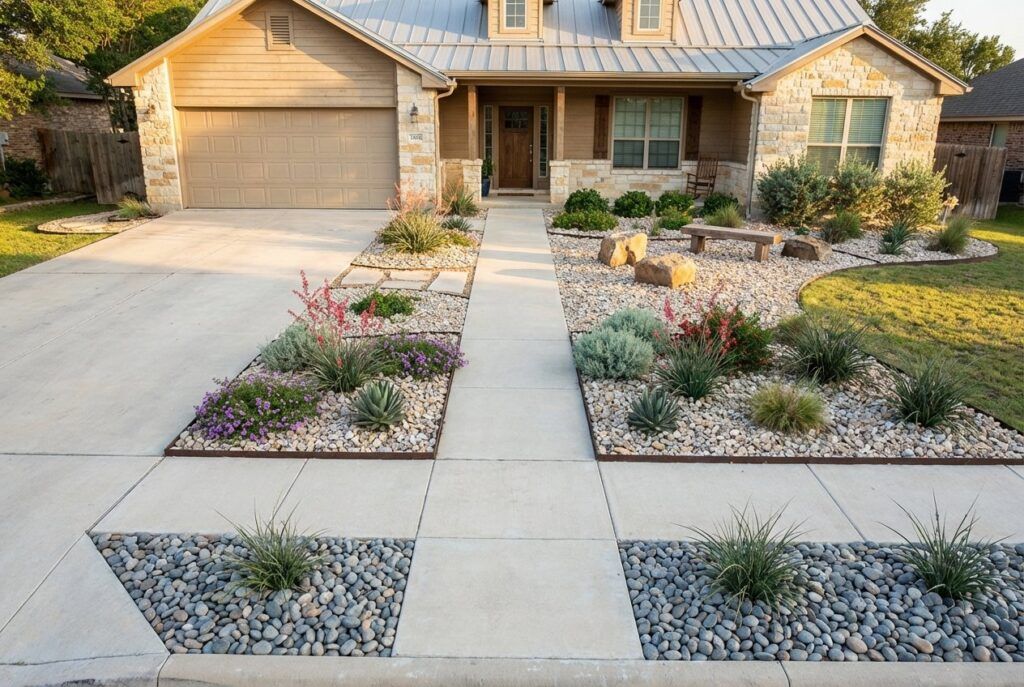 Drought-tolerant front yard landscaping after makeover with xeriscape plants, gravel mulch, and clean edging