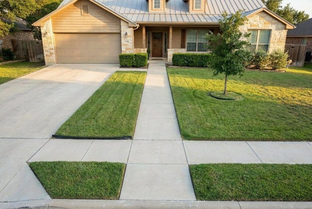 Before photo of drought-tolerant front yard landscaping in a ranch neighborhood, ready for xeriscape landscape design