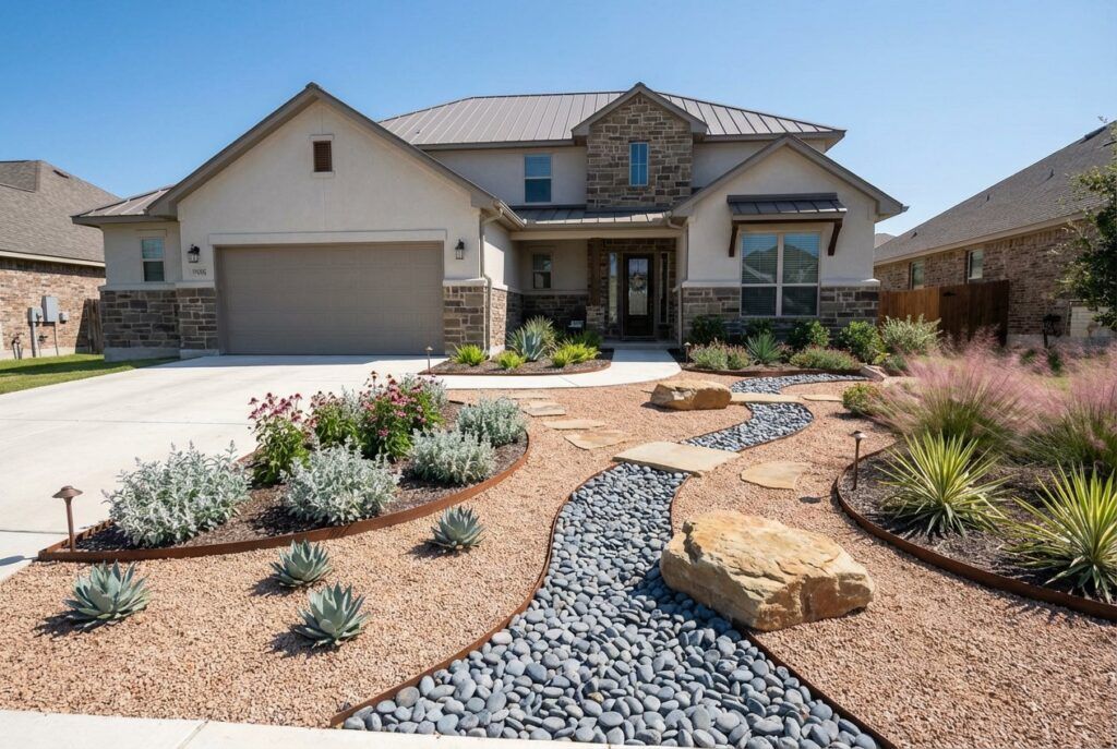Ranch-style home with subdued drought-tolerant landscaping, xeriscape plants, gravel beds, low-water landscape design