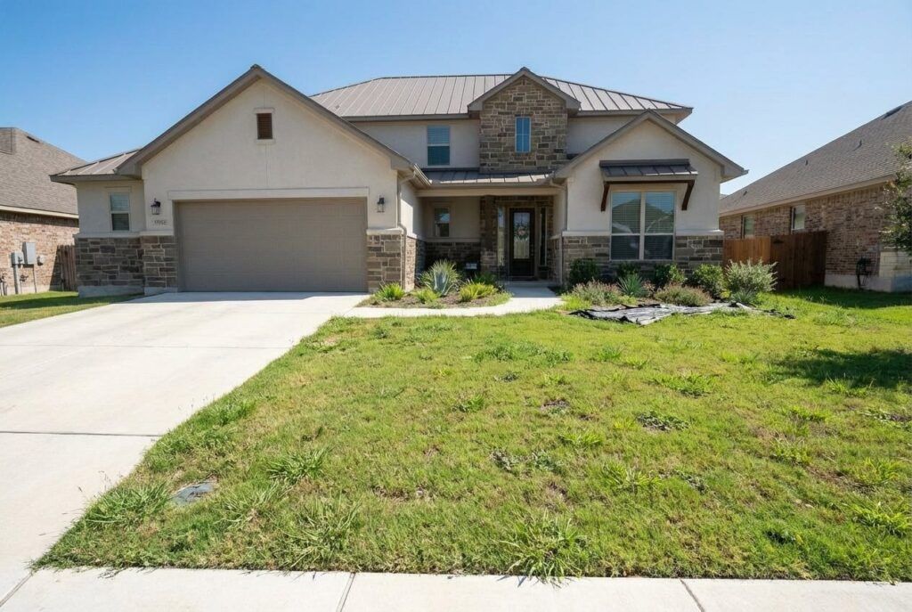 Ranch-style home before photo with subdued drought-tolerant landscaping and xeriscape-ready front yard design