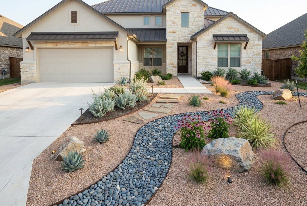 Ranch-style home with subdued xeriscape installation, drought-tolerant landscape design with gravel beds and low-water plants