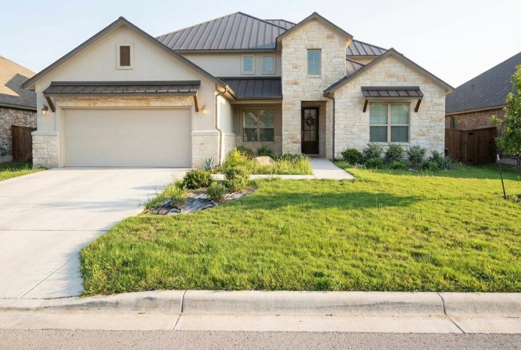 Before xeriscape installation at ranch-style home, subdued landscape design with drought-tolerant beds