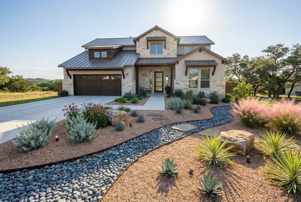 Ranch-style home after subdued xeriscape landscape design with drought-tolerant plants and rock mulch