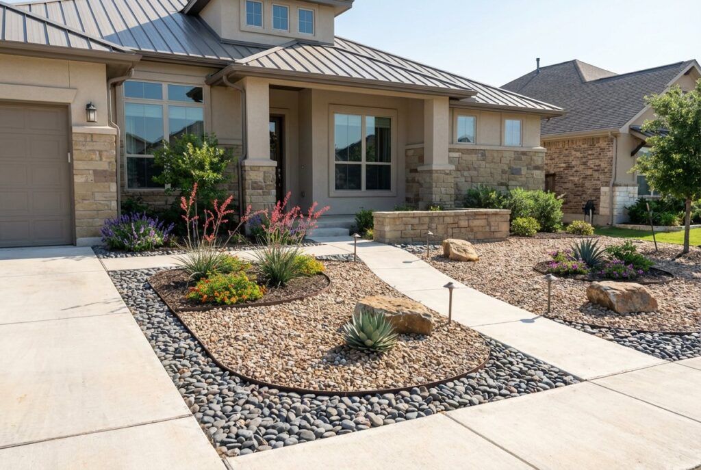 Ranch-style home xeriscape installation after, drought-tolerant landscape design with gravel, rocks, and native plants