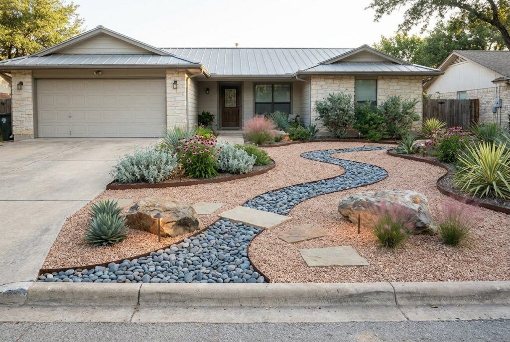 After xeriscape installation at ranch-style home with drought-tolerant plants and clean landscape design