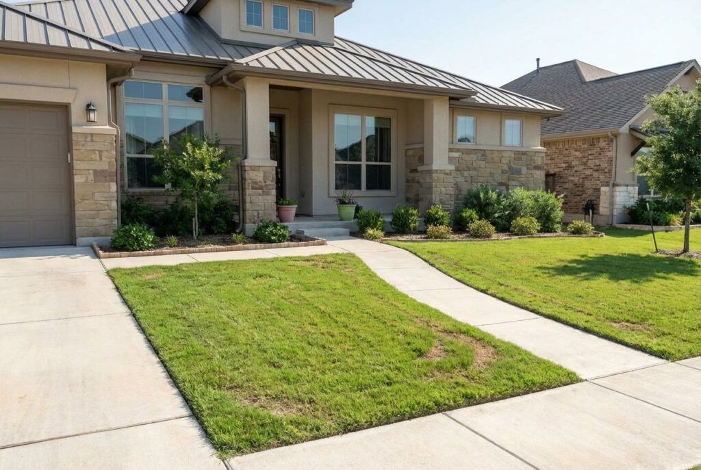 Before xeriscape installation at ranch-style home with existing lawn and planting beds for drought-tolerant landscape design