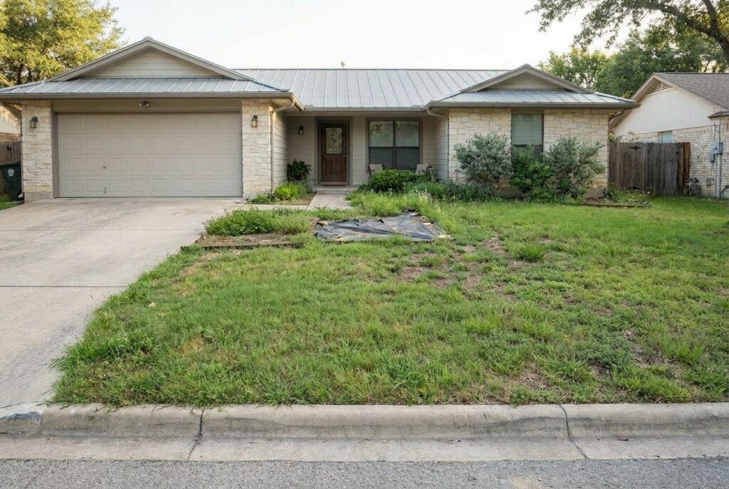 Before view of ranch-style home yard prior to xeriscape installation, showing existing lawn for drought-tolerant landscape design