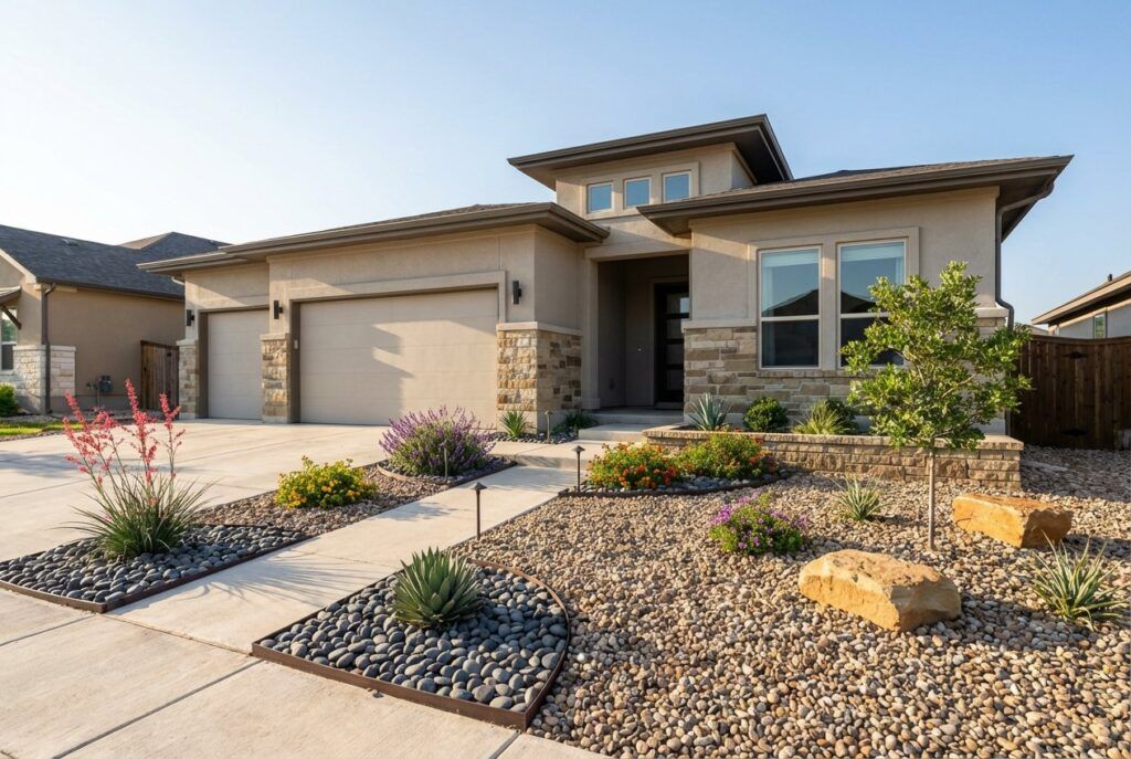 Ranch-style home xeriscaping with drought-tolerant plants, rock mulch, and clean landscape design front yard landscaping