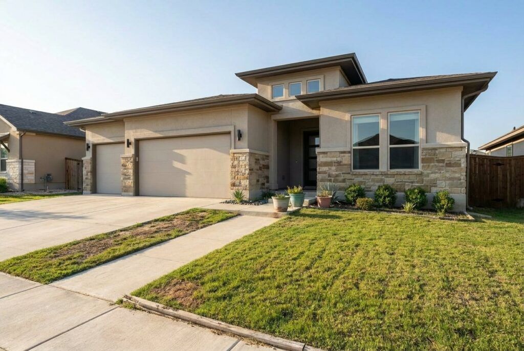 Before photo of ranch-style home with sparse front yard, preparing for xeriscape landscape design