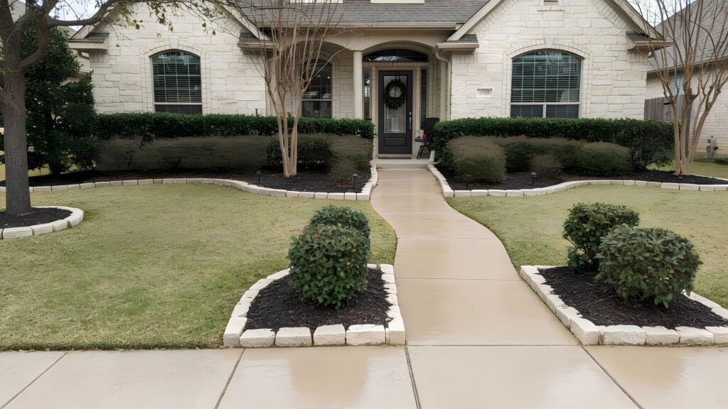 After luxury front yard cleanup in San Antonio, refreshed landscape design with neat beds and trimmed shrubs