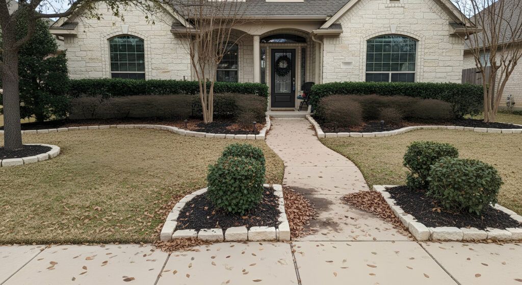 Before luxury front yard cleanup in San Antonio with overgrown beds and debris before landscape design