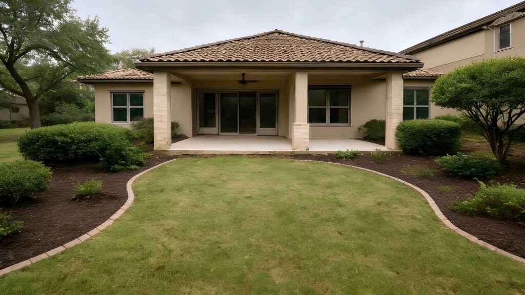 Stone Oak backyard cleanup after service, cleared debris, trimmed beds, refreshed landscaping for a clean outdoor space