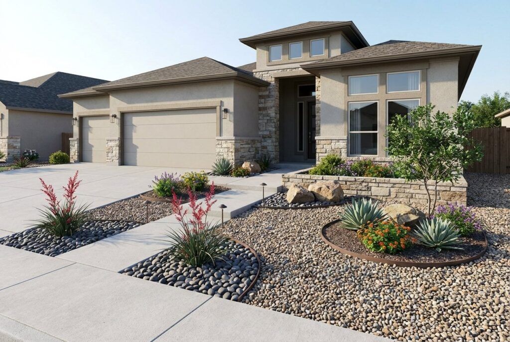 After: family-friendly xeriscape landscape design with drought-tolerant plants and stone mulch
