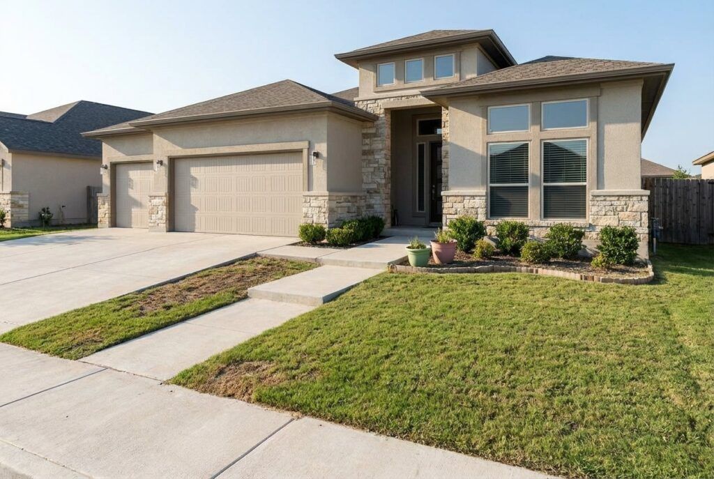 Before xeriscaping: family-friendly ranch yard with sparse lawn and beds, ready for drought-tolerant landscape design