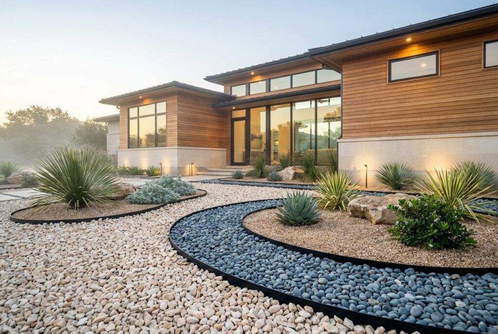 After photo of Tuscan Hill Country front yard xeriscaping with drought-tolerant plants and stone landscape design