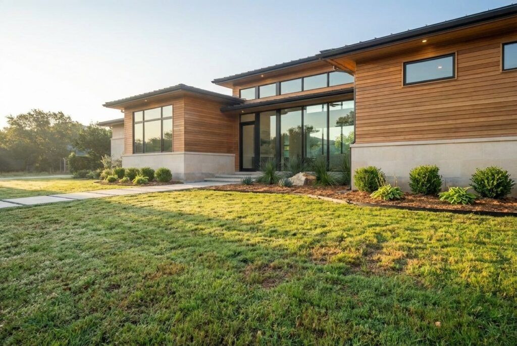 Before: Tuscan hill country front yard xeriscaping with gravel beds, sparse plants, drought-tolerant landscape design