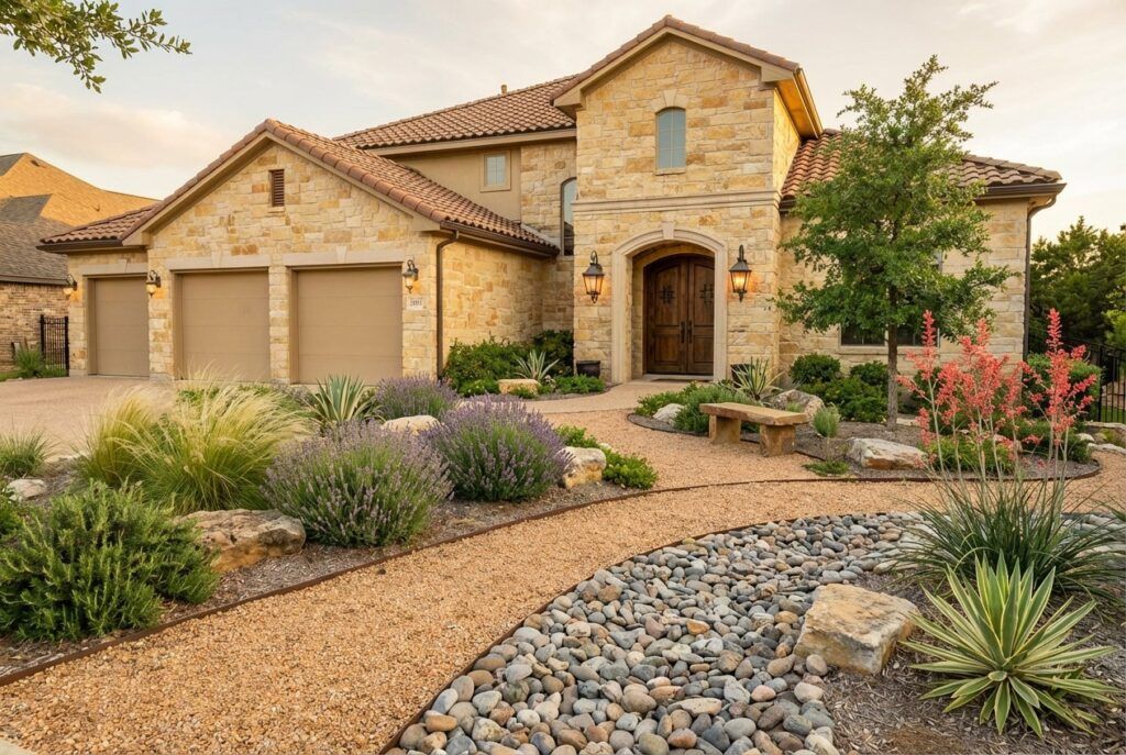Tuscan-style drought-tolerant landscape design with xeriscaping plants and stone edging in San Antonio backyard