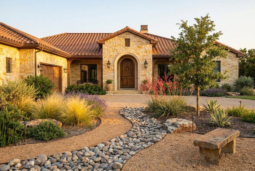 Tuscan-style xeriscape landscape design with drought-tolerant plants and stone edging after makeover