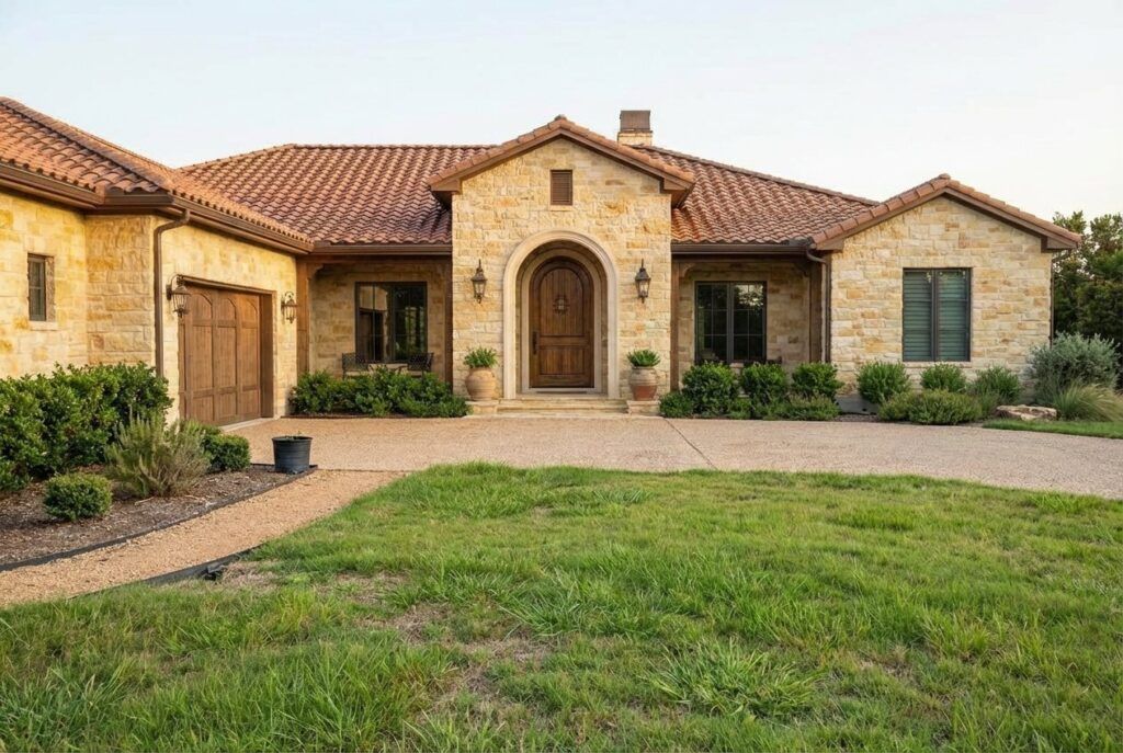 Before-and-after Tuscan-style xeriscape landscape design with drought-tolerant plants and rock mulch landscaping