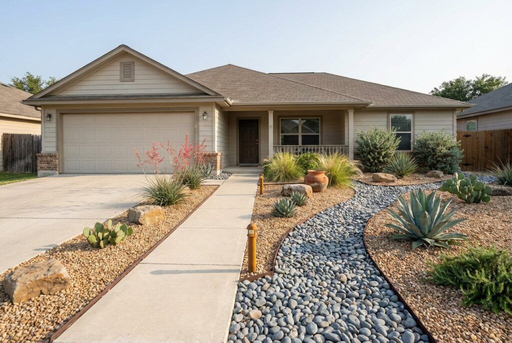 Warm drought-tolerant xeriscaping landscape design with gravel, native plants, and low-water garden beds