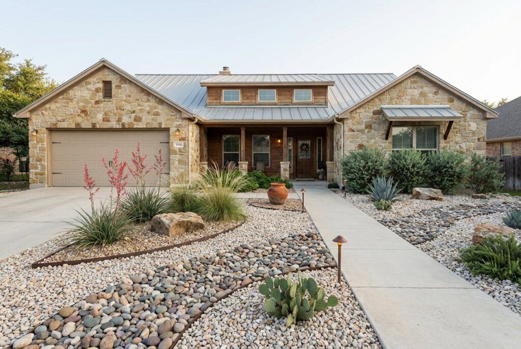 Warm classic drought-tolerant xeriscape landscaping with native plants, stone edging, and low-water landscape design