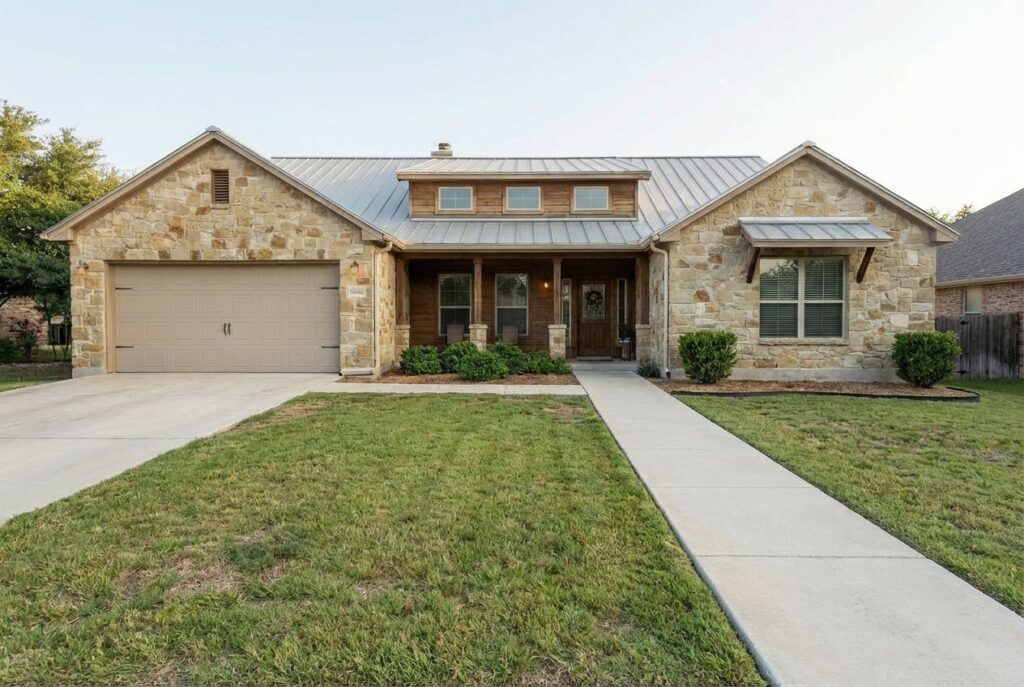Before xeriscape landscape design with drought-tolerant plants and warm classic curb appeal landscaping